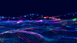Cyber big data flow. Blockchain data fields. Network line connect stream. Concept of AI technology, digital communication, science research, 3D illustration music waves